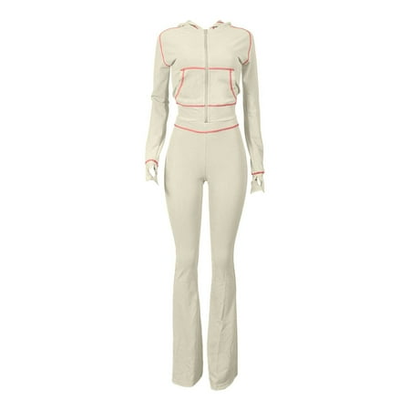 Baqcunre Women s Trousers Suit  Women s 2 Piece Outfits Fall Long Sleeve Zipper Hoodie Jacket And Flared Leggings Workout Sets Sweatsuit White S