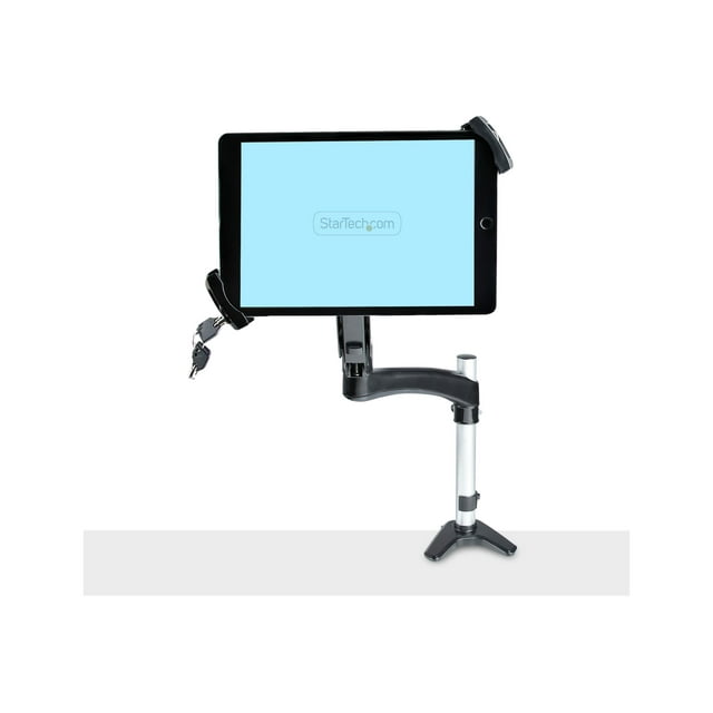 StarTech TABLET-VESA-ADAPTER VESA Mount Adapter for Tablets, Black. A black VESA mount adapter securely holding a tablet on a monitor arm. Compatible with tablets 7.9 to 12.5 inches, supporting up to 2kg (4.4lb) with 75x75 and 100x100 VESA patterns. Features a spring-loaded clamp and anti-theft design.