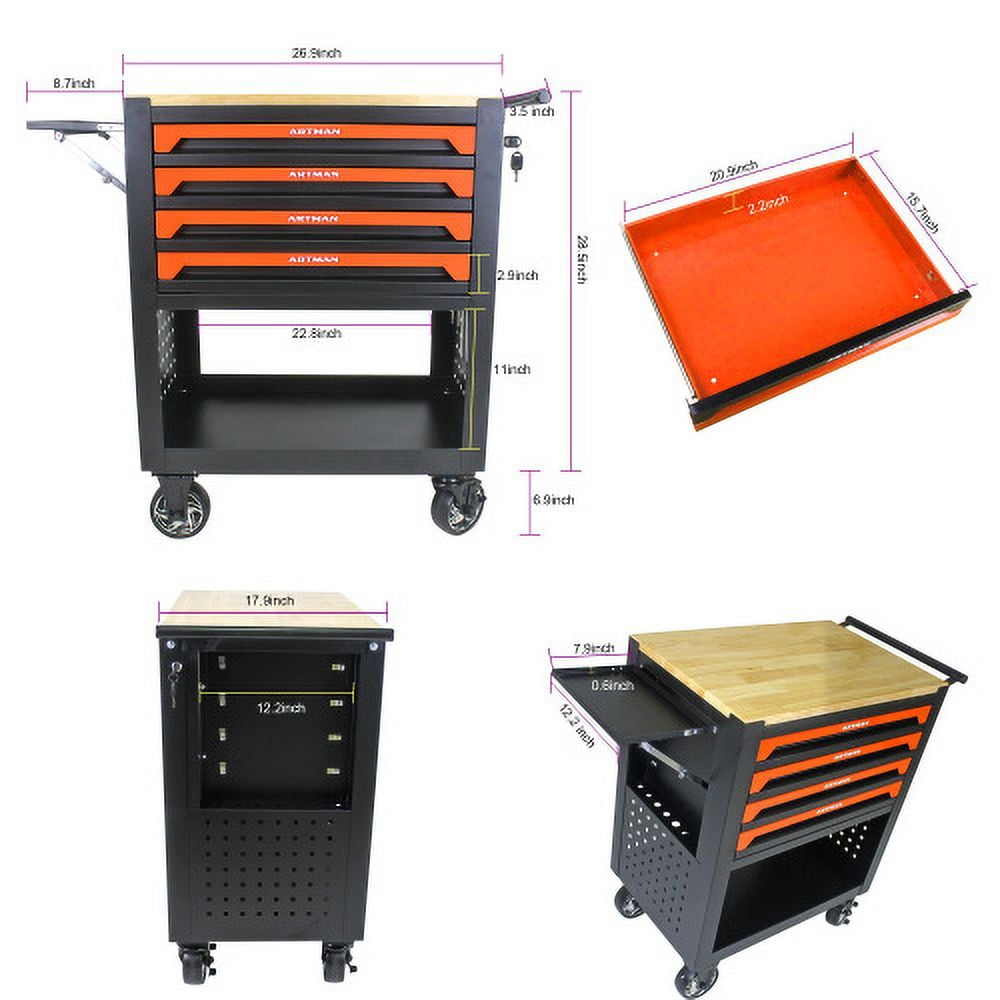 ARTMAN 4 Drawers Tool Cart with Wheels and Drawers,Wood Top Tool Box for Garage Workshop Warehouse