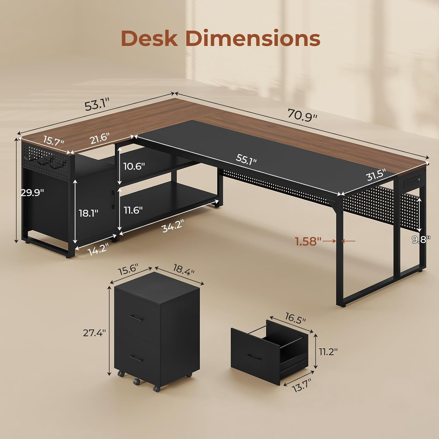 71" Executive Desk with Rolling File Cabinet, L Shaped Computer Desk with Power Outlets, Reversible Gaming Corner Desk with Drawers, Storage Shelves, Hooks for Home Office (Walnut)