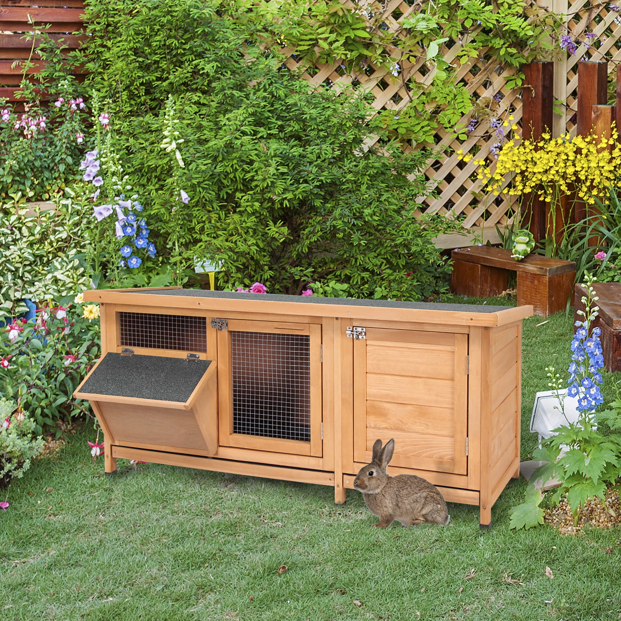 Large Bunny Hutch, Rabbit Cage with 2 Outside Areas and Main House for Small Animals, Yellow
