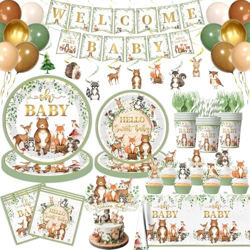 Woodland Baby Shower Decorations,196pcs Woodland Baby Shower Plates and Napkins Cups Sage Forest Animals baby Shower Tablecloth Cake Toppers Balloons for Boy Babys Shower Decorations$$