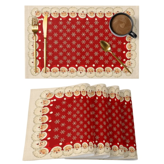 Christmas Cute Santa Claus Placemats Set of 6,Wipeable Washable Table Mats for Dining Tables, Winter Snowflake on Red Seamless Place Mats for Kitchen Event Party Tabletop Decor