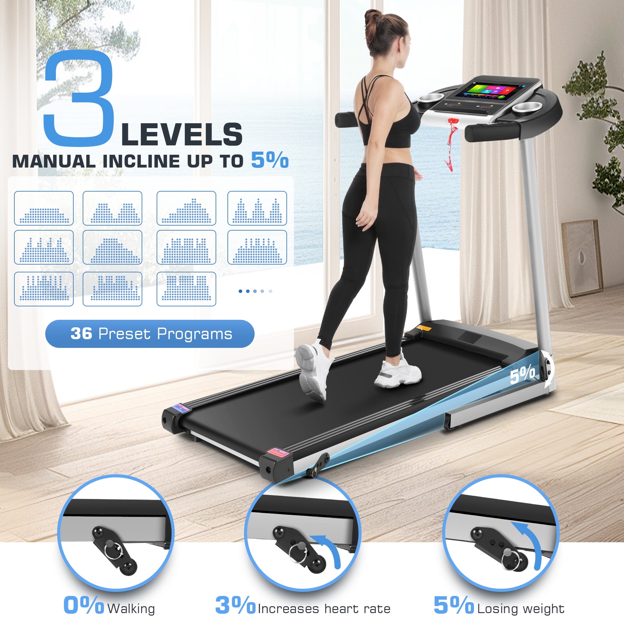 Simpfree Treadmill with 10" HD TV Movie Touchscreen and 3D Virtual Sports Scene, 0.5-9.0 mph/h & 3.5HP Electric Treadmill with Incline for Home