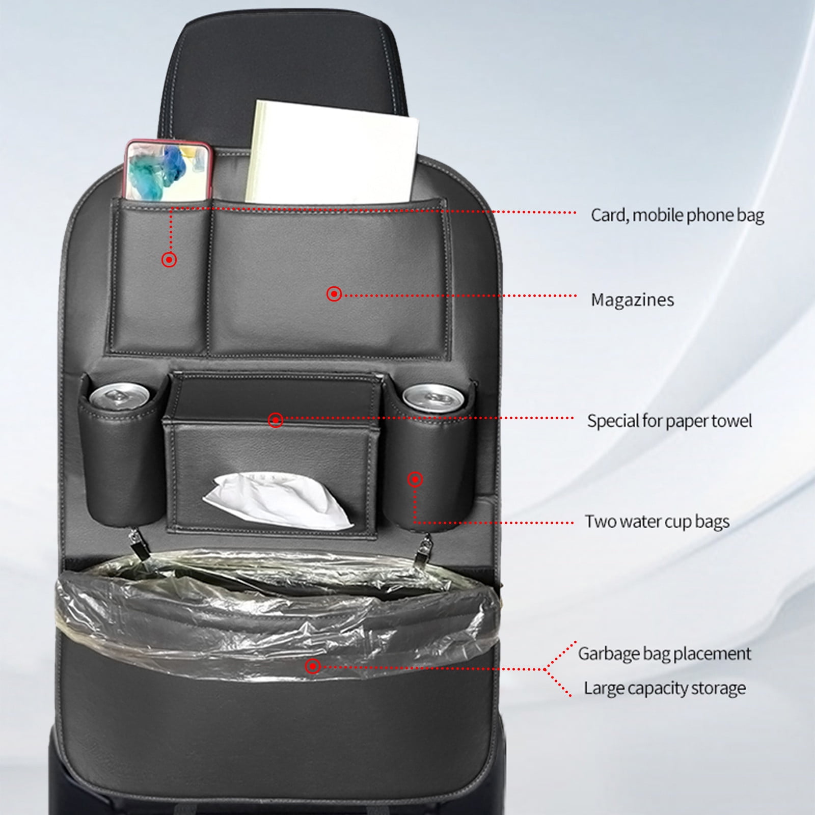 LSLJS Car Seat Organizers, PU Leather Backseat Protector with 5 Storage Pocket & Garbage Bag, Waterproof Car Rear Hanging Storage Shelf Back Seat Storage Bag Kick Mats Universal Interior Accessories
