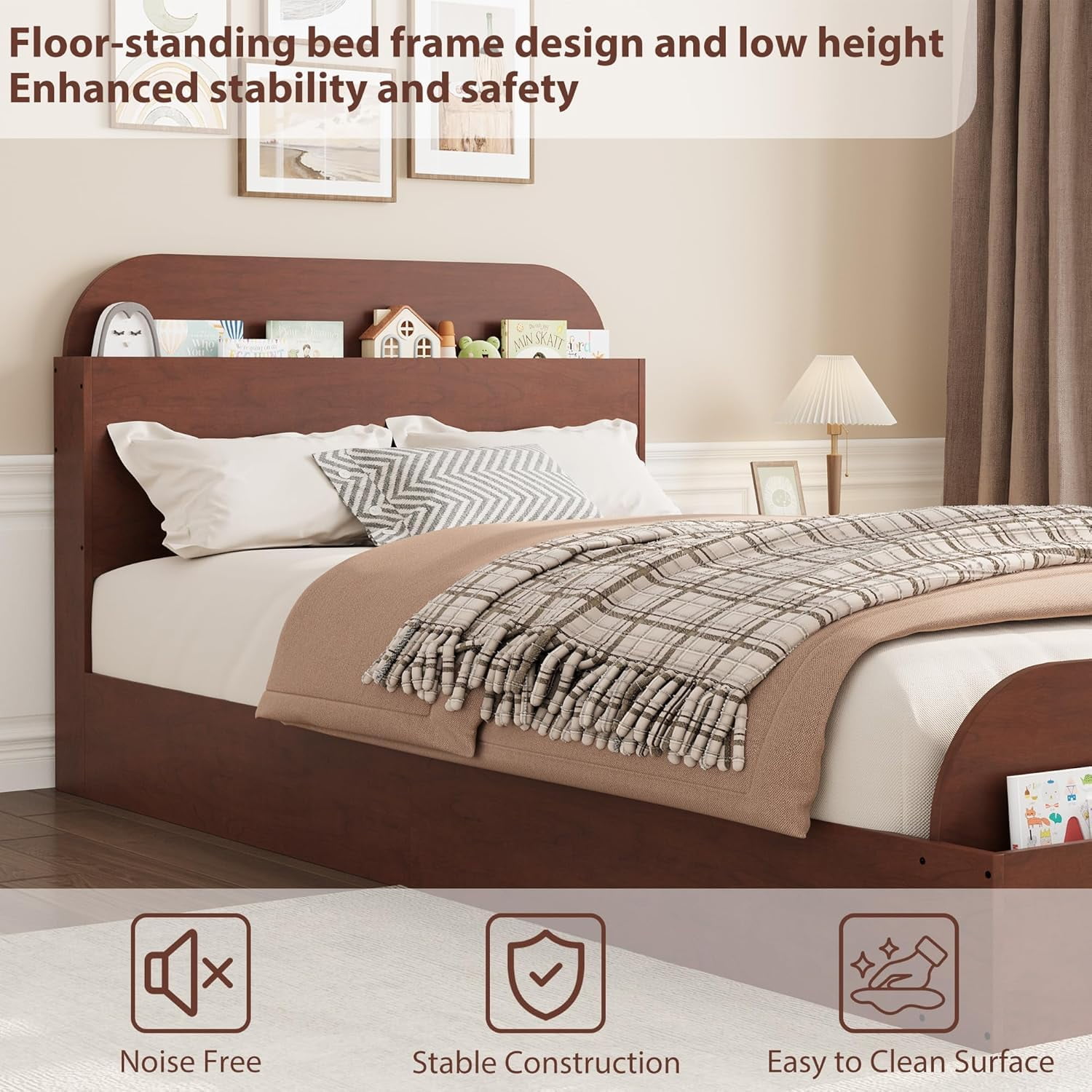 Twin XL Size Wooden Platform Bed Frame with Storage Headboard & Raised Footboard - Low Floor Bed, Heavy Duty & Noise-Free, No Box Spring Needed, Espresso