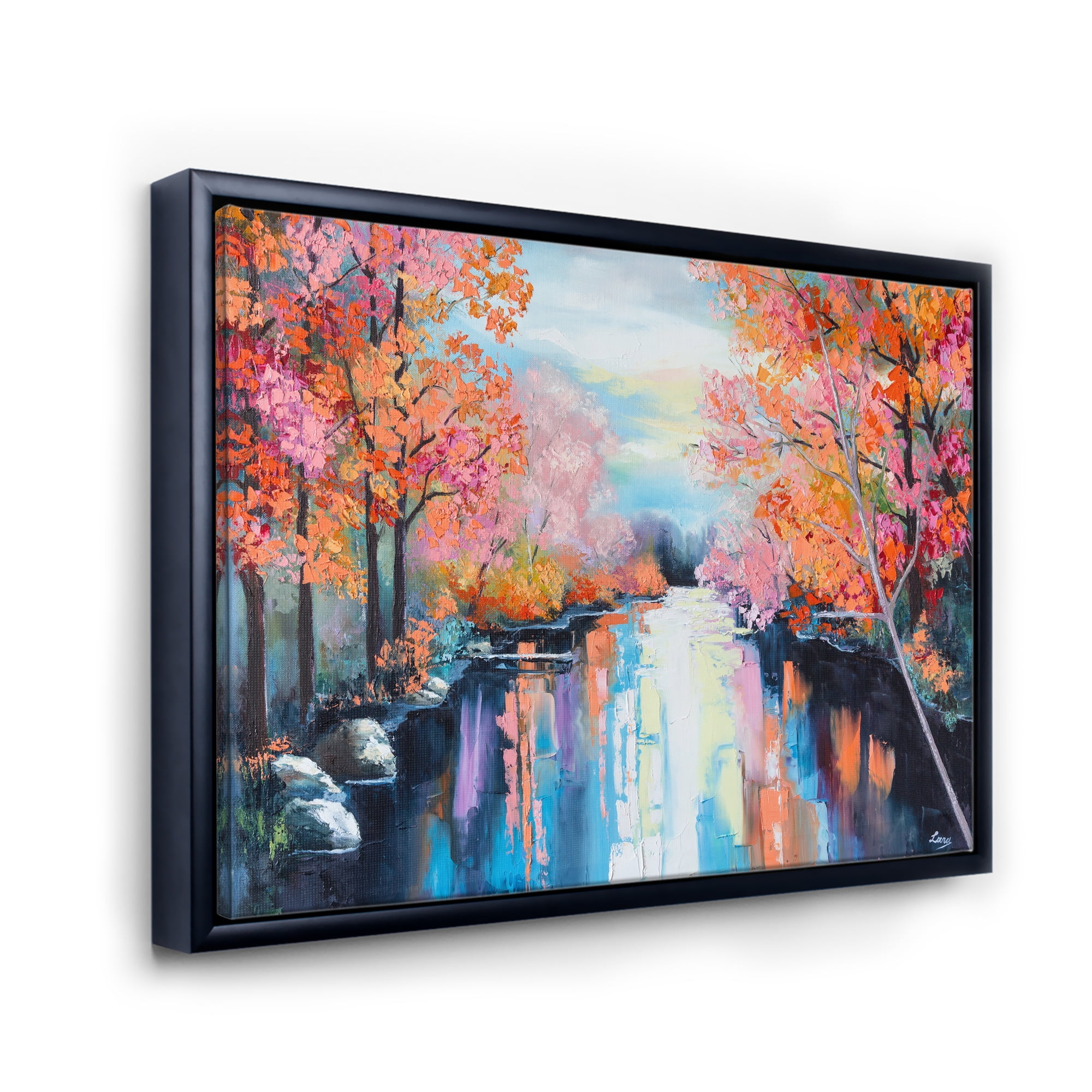 The River Through Orange Autumn Forest 32 in x 16 in Framed Painting Canvas Art Print, by Designart