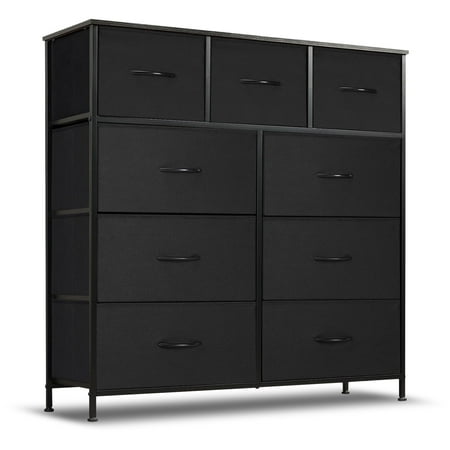 Simenmax 9 Drawers Dresser for Bedroom, Tall Fabric Closet Chests Organizer Tower Furniture with Wooden Top Metal Frame for Clothes, Room, Living Room, Hallway, Entryway,Black