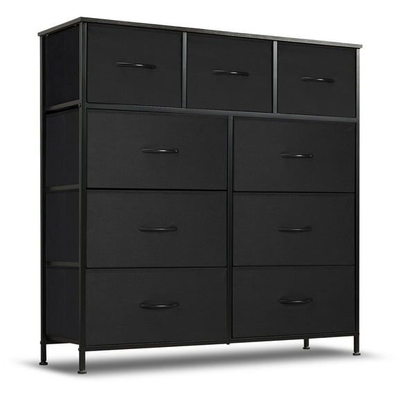 Simenmax 9 Drawers Dresser for Bedroom, Tall Fabric Closet Chests Organizer Tower Furniture with Wooden Top Metal Frame for Clothes, Room, Living Room, Hallway, Entryway,Black