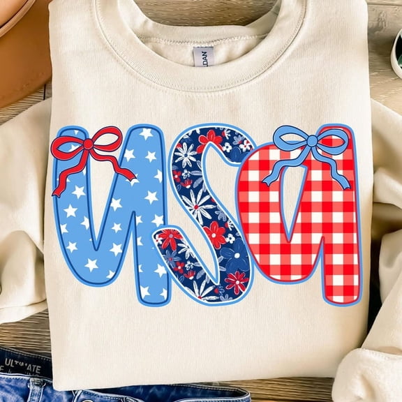 Stars and Stripes Girly Sweatshirt, Preppy Red White Blue Crewneck, 4th of July USA Flag Summer Pullover BTO