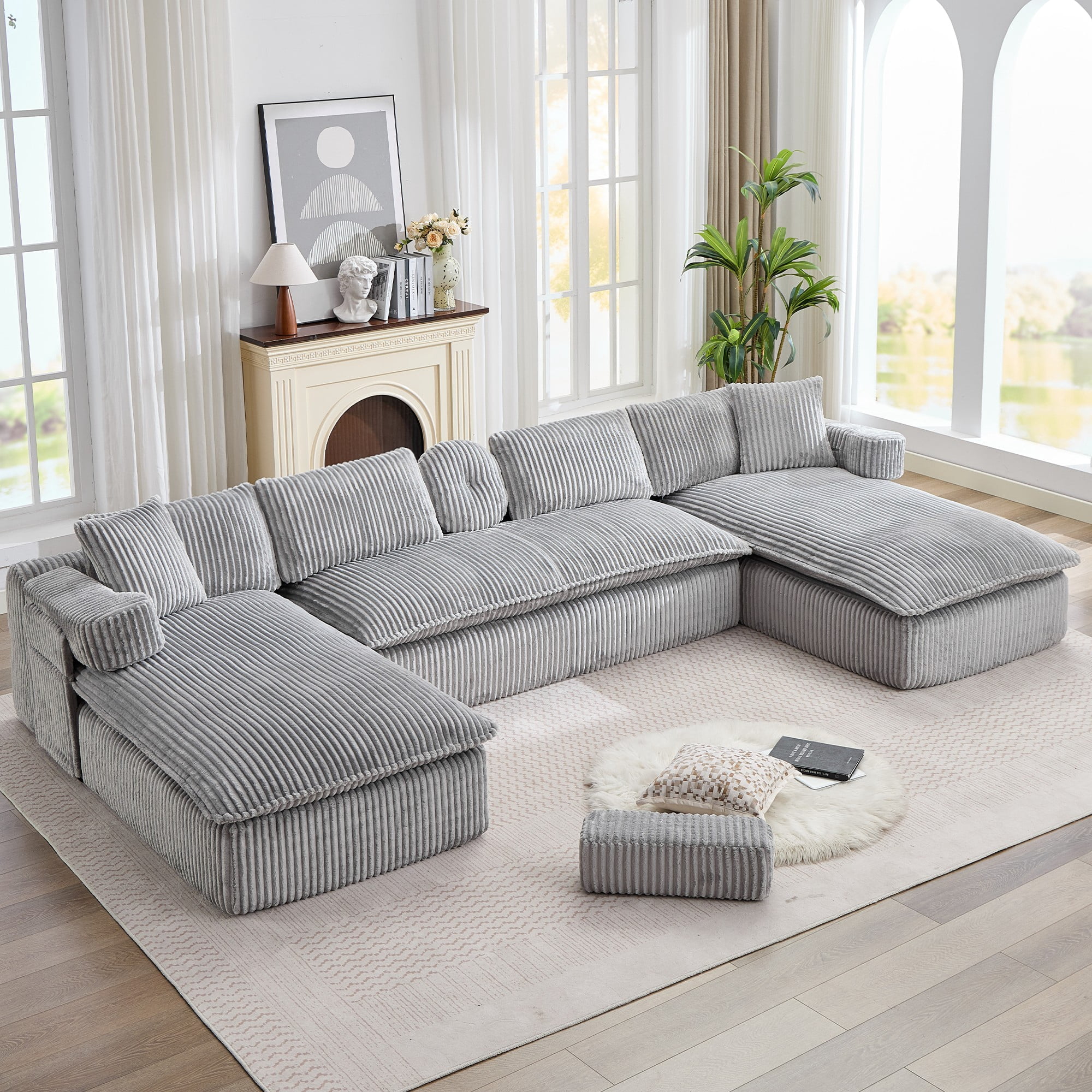 LLappuil Sectional Sofa, Oversized Sectional Couch Convertible Sofa Bed, 6 Seat Corduroy Sofa Couch with Side Pocket for Living Room, No Assembly Gray