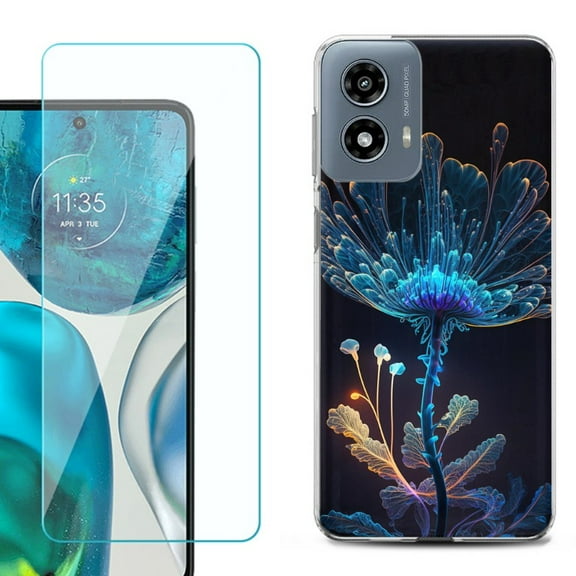 OneToughShield ® Shockproof Phone Case Compatible with Motorola Moto G Power 5G 2024, with Tempered Glass Screen Protector - Glowing Flower