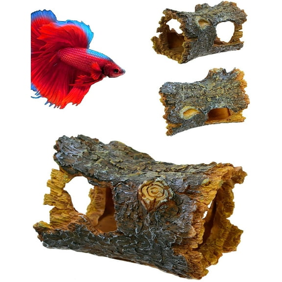 Corisrx Aquarium Hide Log Betta Fish Tank accessorie Decoration - Small Tree Log with Hollow for Aquarium Accessories- Resin Artificial Tree Trunk Ornament for Fish Tank Betta Hideout Cave Decor