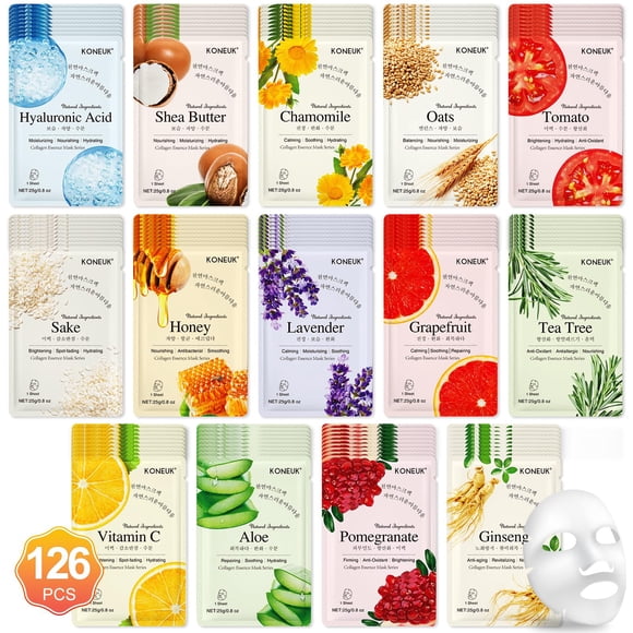 Set de mascarillas KONEUK, paquete 126 para el cuidado de la piel con 14 ingredientes