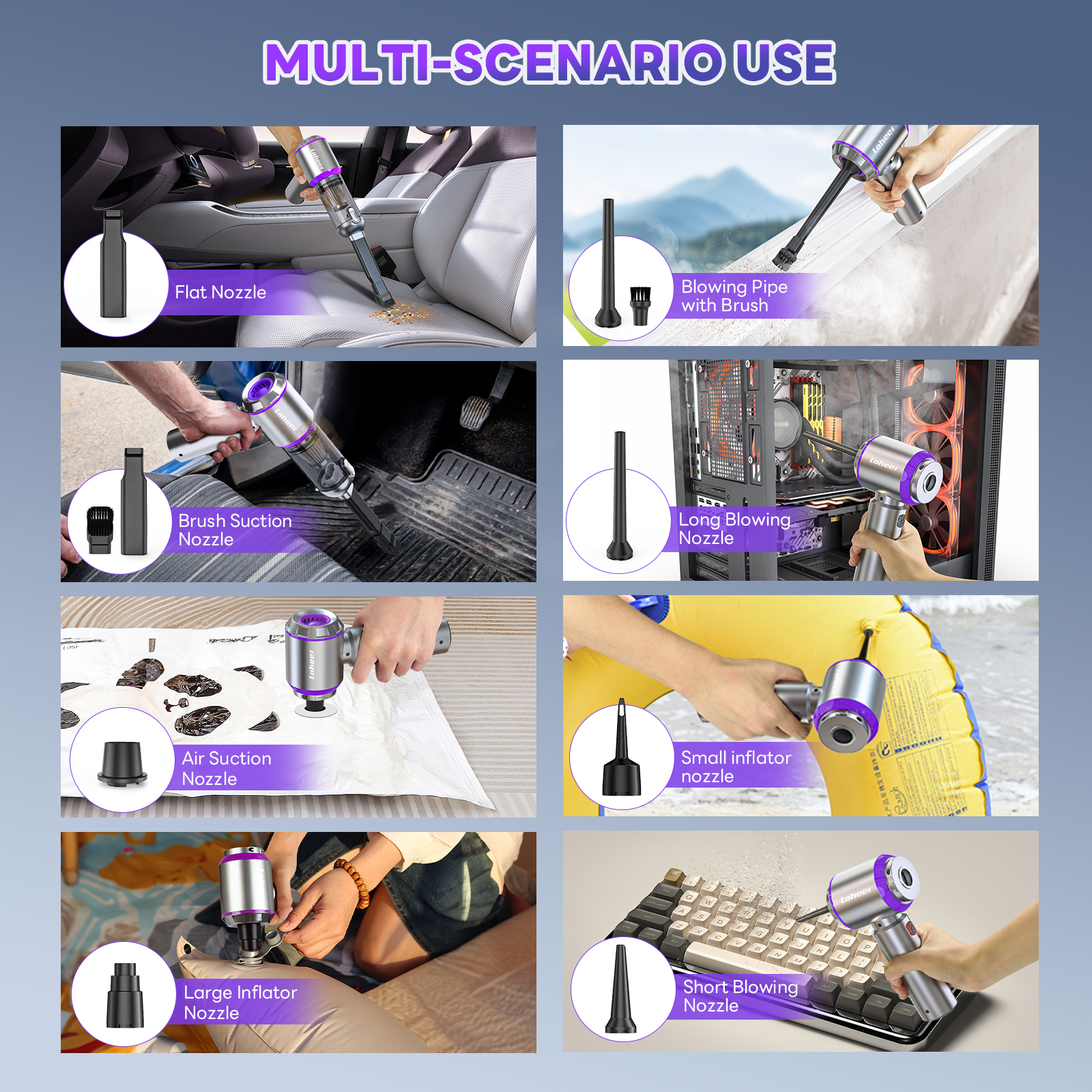 Car Vacuum Cleaner Portable Cordless with Brushless Motor, 15000PA High Power Handheld Vacuum, 4-in-1 Compressed Air Duster for Home Pet Hair, Purple