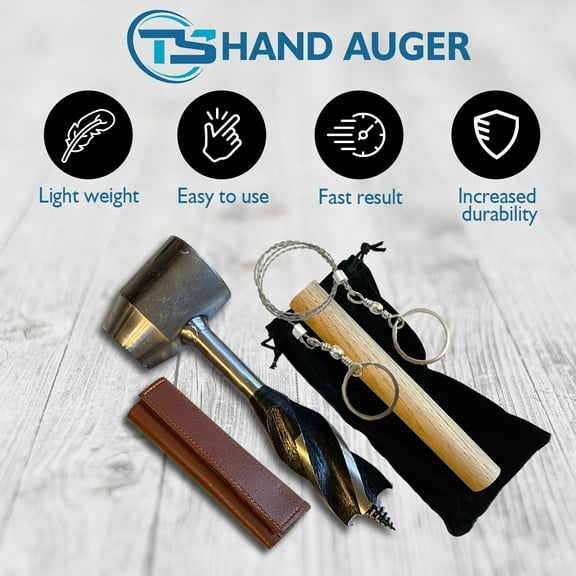 Survival Settler Tool Bushcraft Hand Auger Wrench with Wood Dowel and Rope Chain Saw
