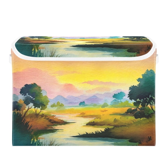 Storage Box With Lid 16.5x12.6x11.8In Foldable Stacked Household Storage Box Watercolor Yellow Sky