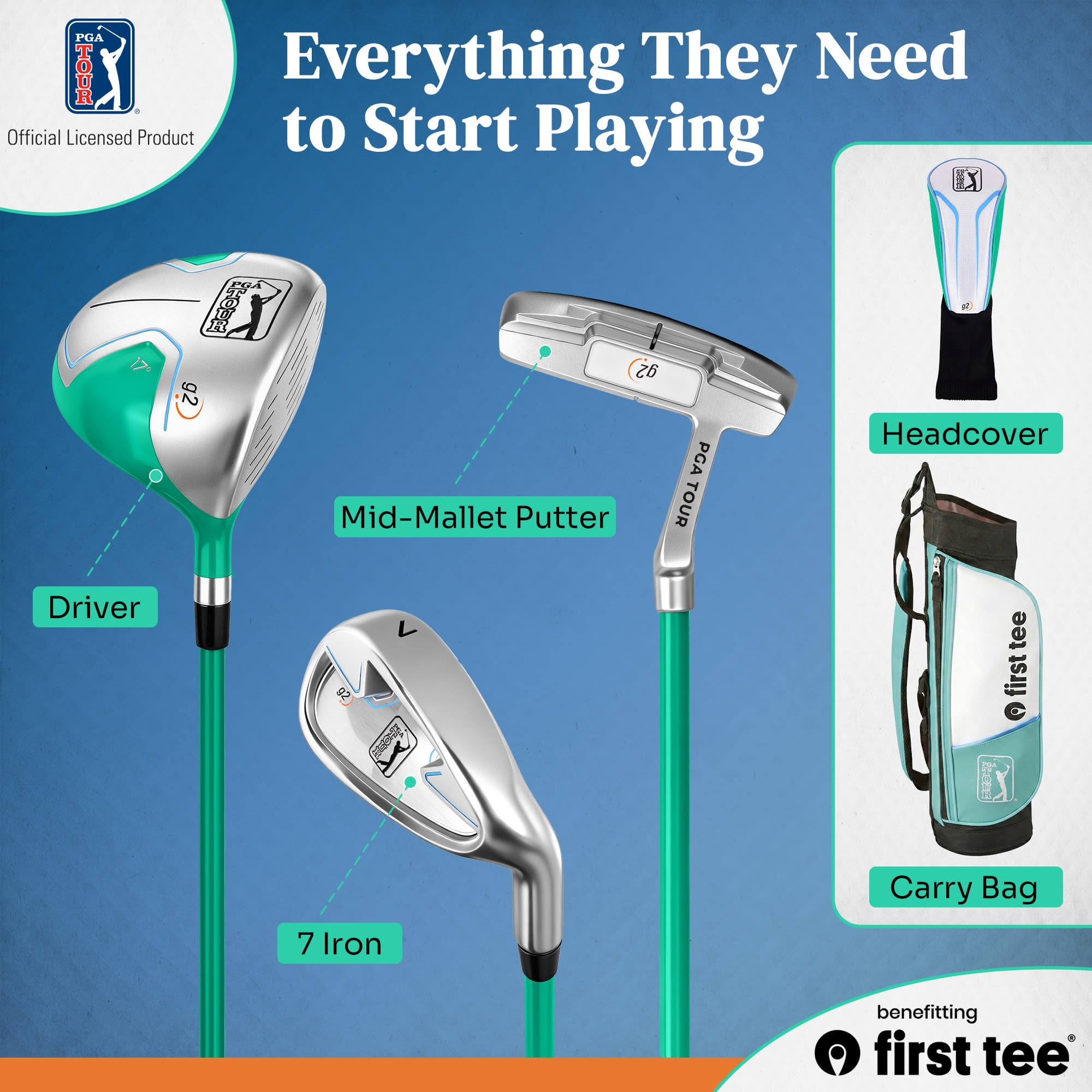 PGA TOUR x First Tee Junior Golf Club Set with Carry Bag, 5-Piece, Right-Handed, Kids Heights 4'1" to 4'8", Green