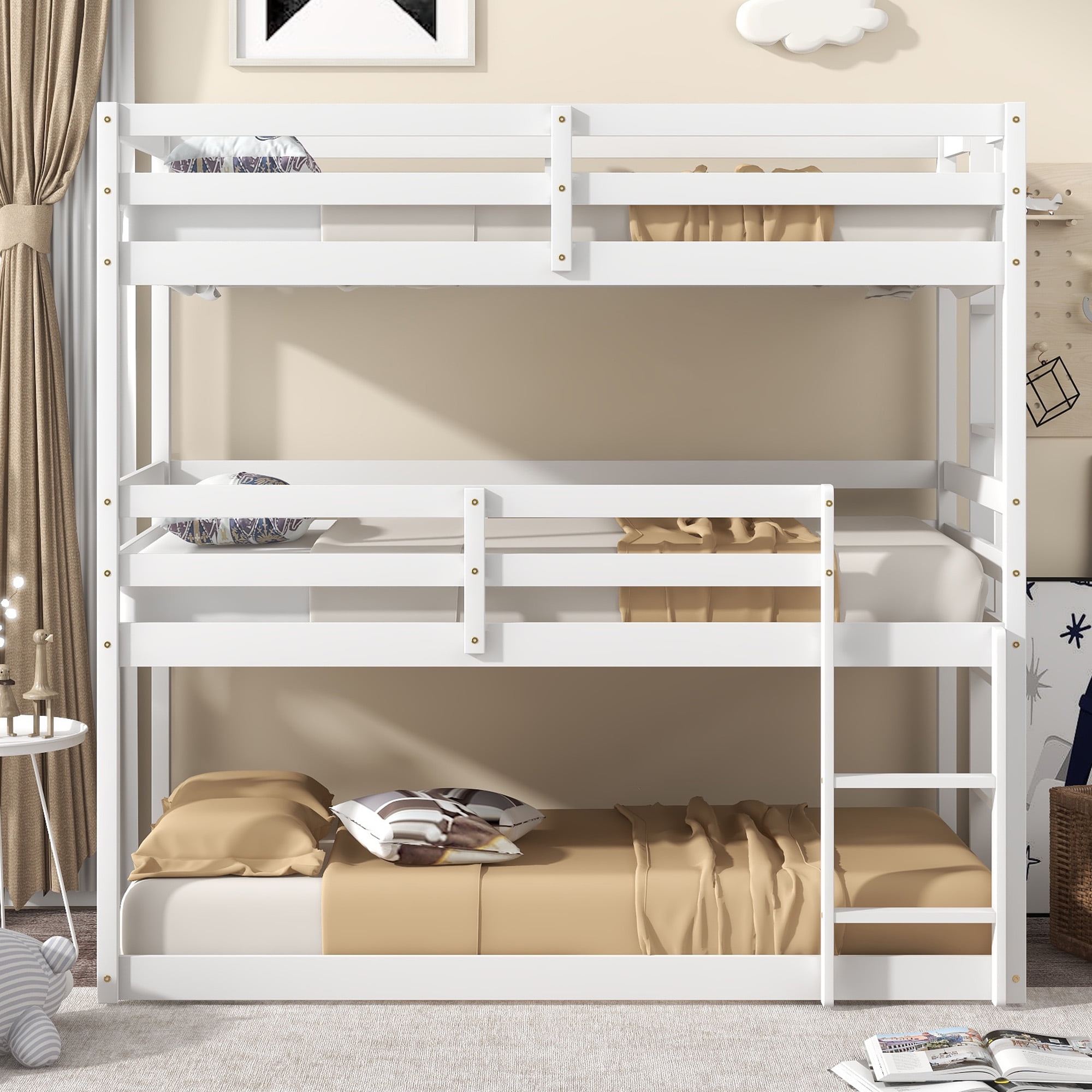 Buy SYNGAR White Wood Triple Bunk Bed Frame for Kids, 3 Twin Bed Triple