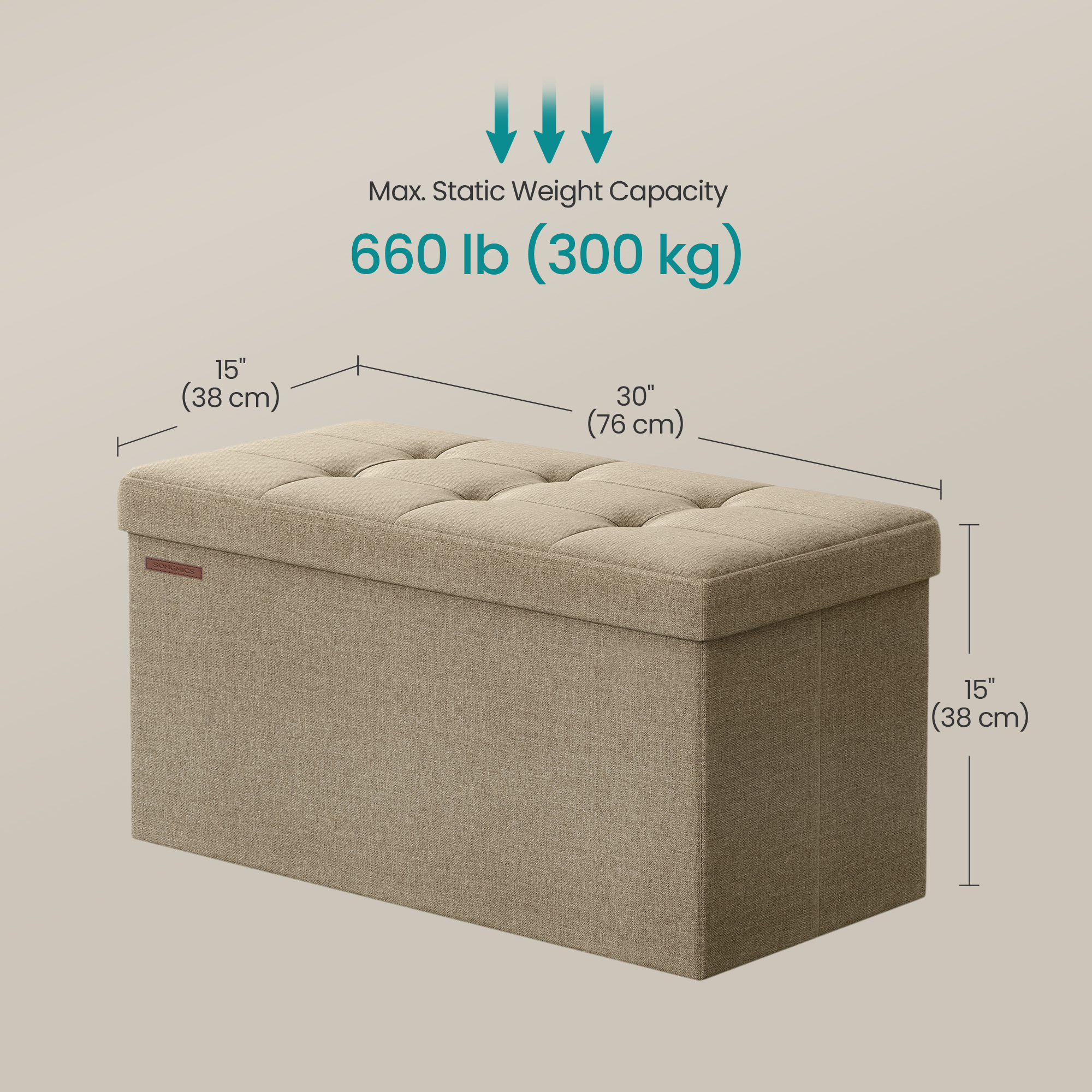 SONGMICS Storage Ottoman Bench, 15 x 30 x 15 Inches, Ottoman with Storage, End of Bed Bench, for Living Room, Bedroom, Camel Brown