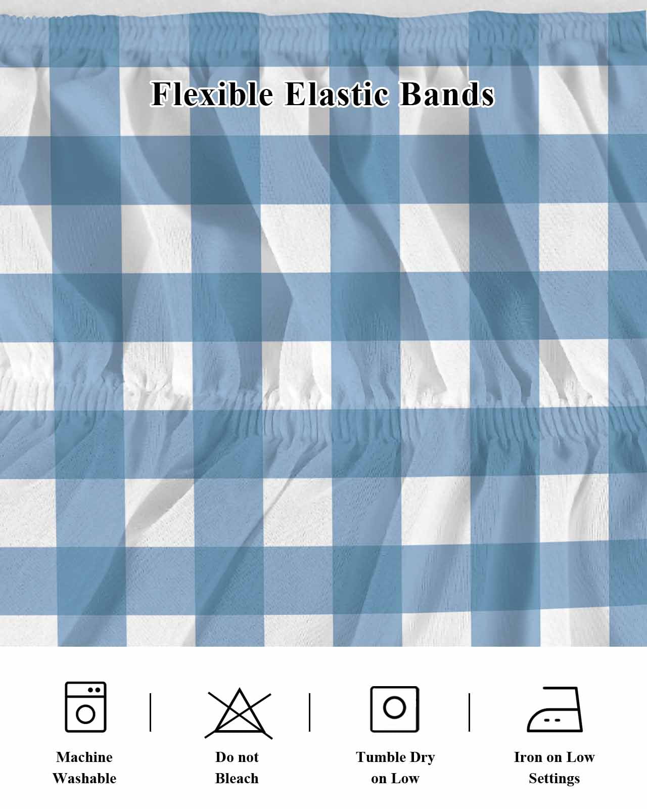 Blue White Plaid Wrap Around Bed Skirts for California King Bed 16" Drop,Bed Skirt with Adjustable Elastic Belt Dust Ruffle Bed Valance Gradient Geometric Buffalo Checkered Bed Frame Cover