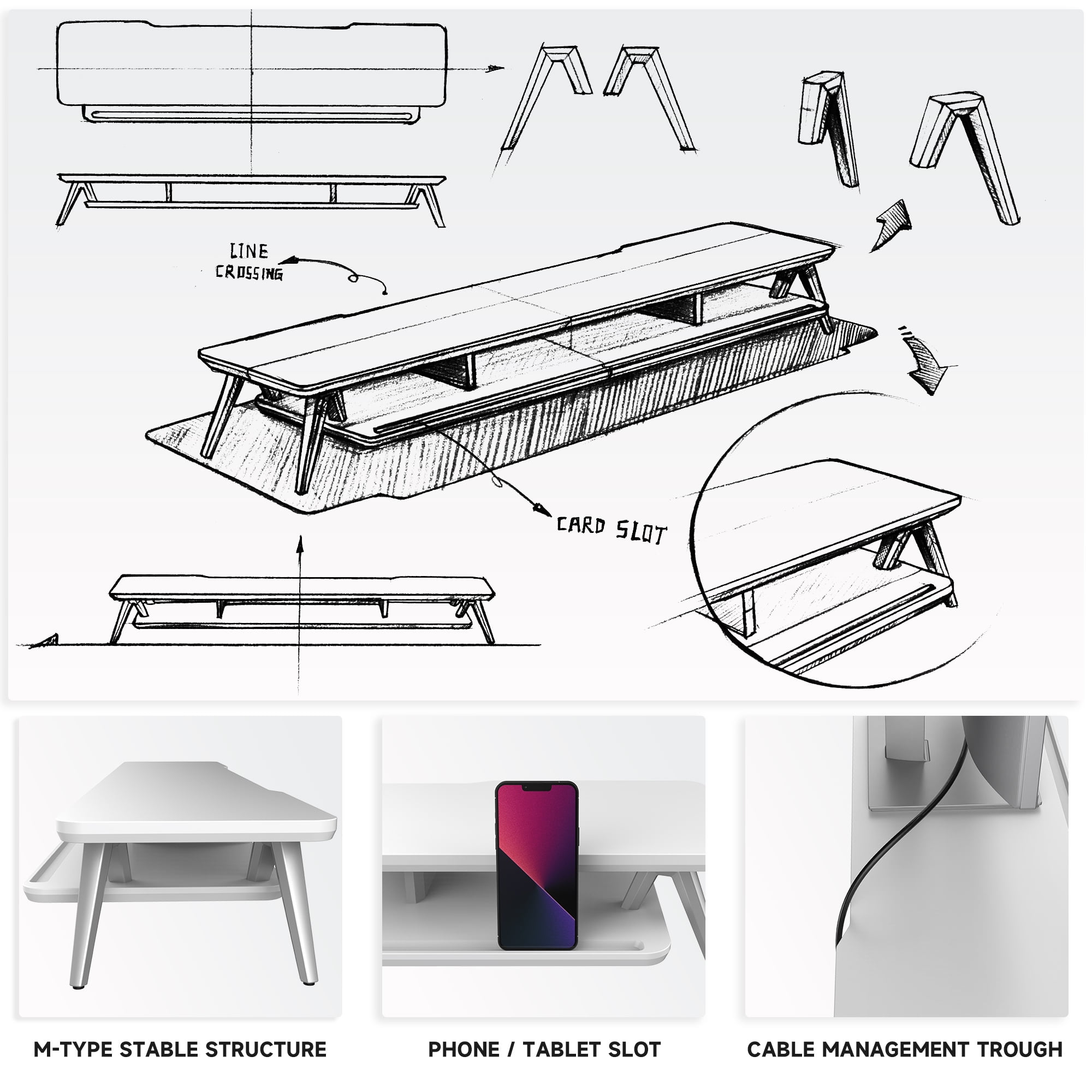 Dual Monitor Stand, 42.5 Inch Wood Desk Shelf with Storage Organizer and Cable Management for Office Desk Accessories