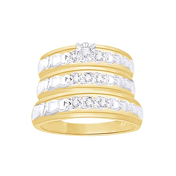 AFFY White Natural Diamond Wedding & Engagement Trio Band Ring Set In 10k Yellow Gold (0.17 Cttw)