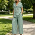 thumbnail image 2 of WULMLEO Women Floral Embroidery Notch Neck Sets Short Sleeve Linen Blend Top Wide Leg Cropped Pants 2 Piece Summer Casual Outfits Light Green 3XL, 2 of 7