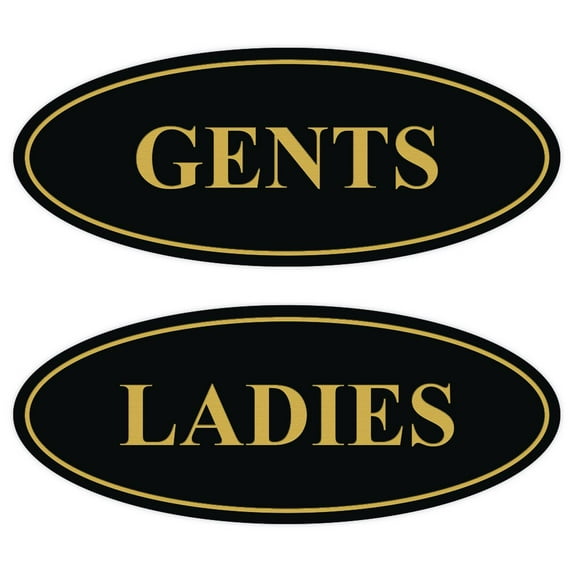 Oval LADIES GENTS Restroom Signs - 2 Pack - Black / Gold Small
