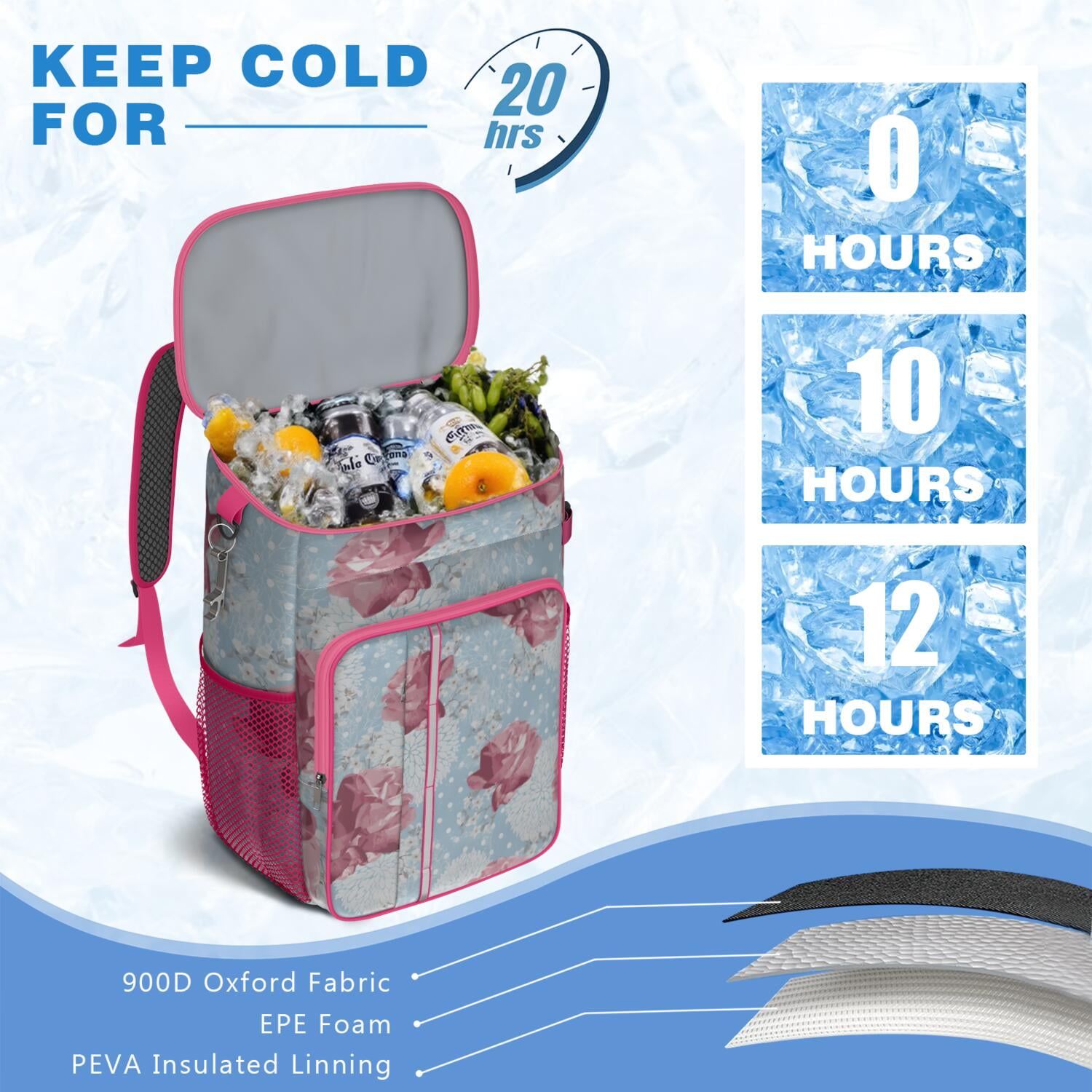 Travel Cooler Bag - Pioneer Flower Floral Print Pattern Camping Beer Cooler Backpack with Bottle Opener- Waterproof Insulated Picnic Backpacks - Cooler Bag for Beach