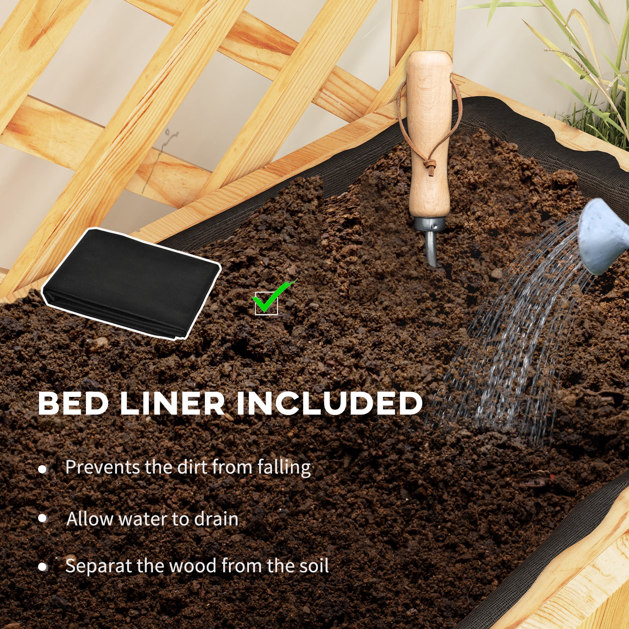 Outsunny Wooden Raised Garden Bed, Planter with Trellis, Hanging Roof, Plant Shelf, Drainage Holes and Bed Liner, Natural
