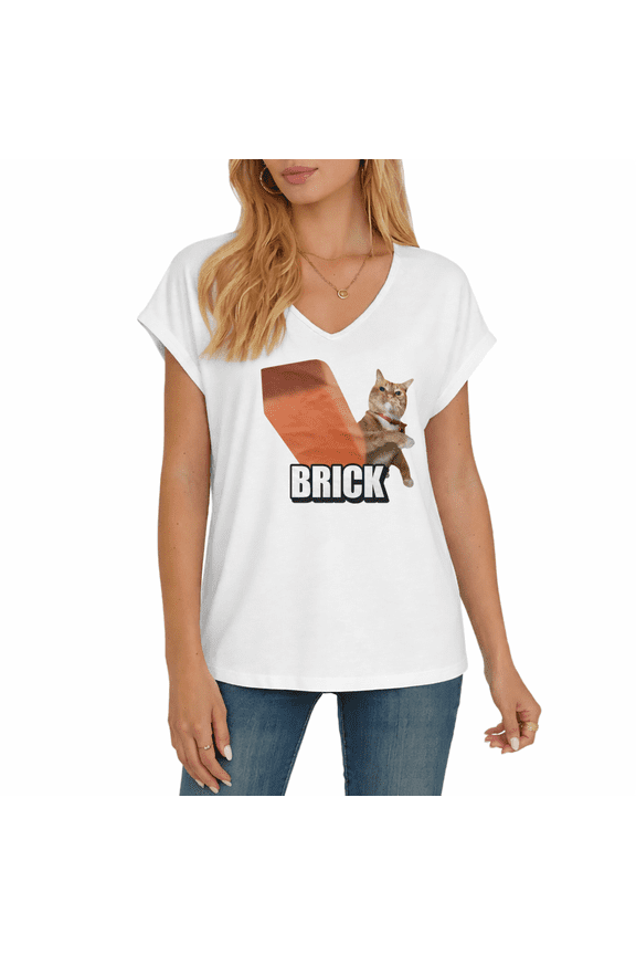 Women's Brick Cat Funny Meme Graphic V-Neck Dolman Short Sleeve Absurd Humor Cat Lover Loose Casual T-Shirt