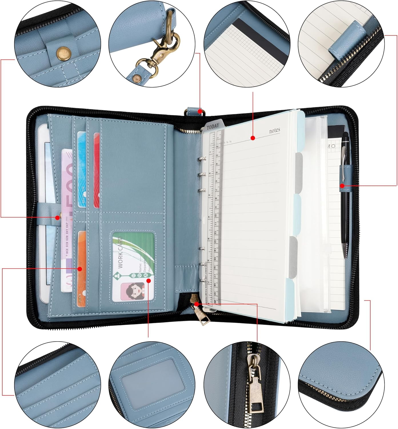 WASON Portfolio A5 Binder Journal with Zipper - Leather pu Writing Notebook Padfolio with Detachable Refillable Notebook, Legal Pad for Business Study and Travel Organizer (Misty blue)