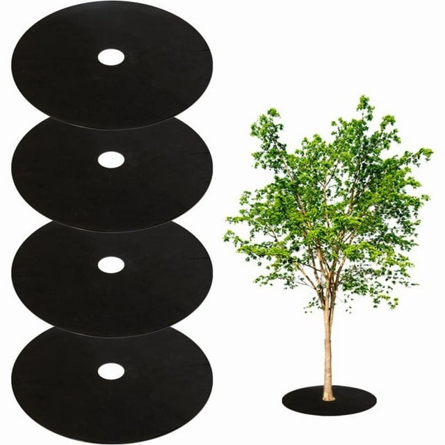 CNKOO 4pcs 32.2” Non-Woven Tree Mulch Rings - Reusable Weed Barrier Landscape Fabric for Root Protection Gardening & Landscaping Durable Black Garden Mulch with Center Hole Mulch Mats