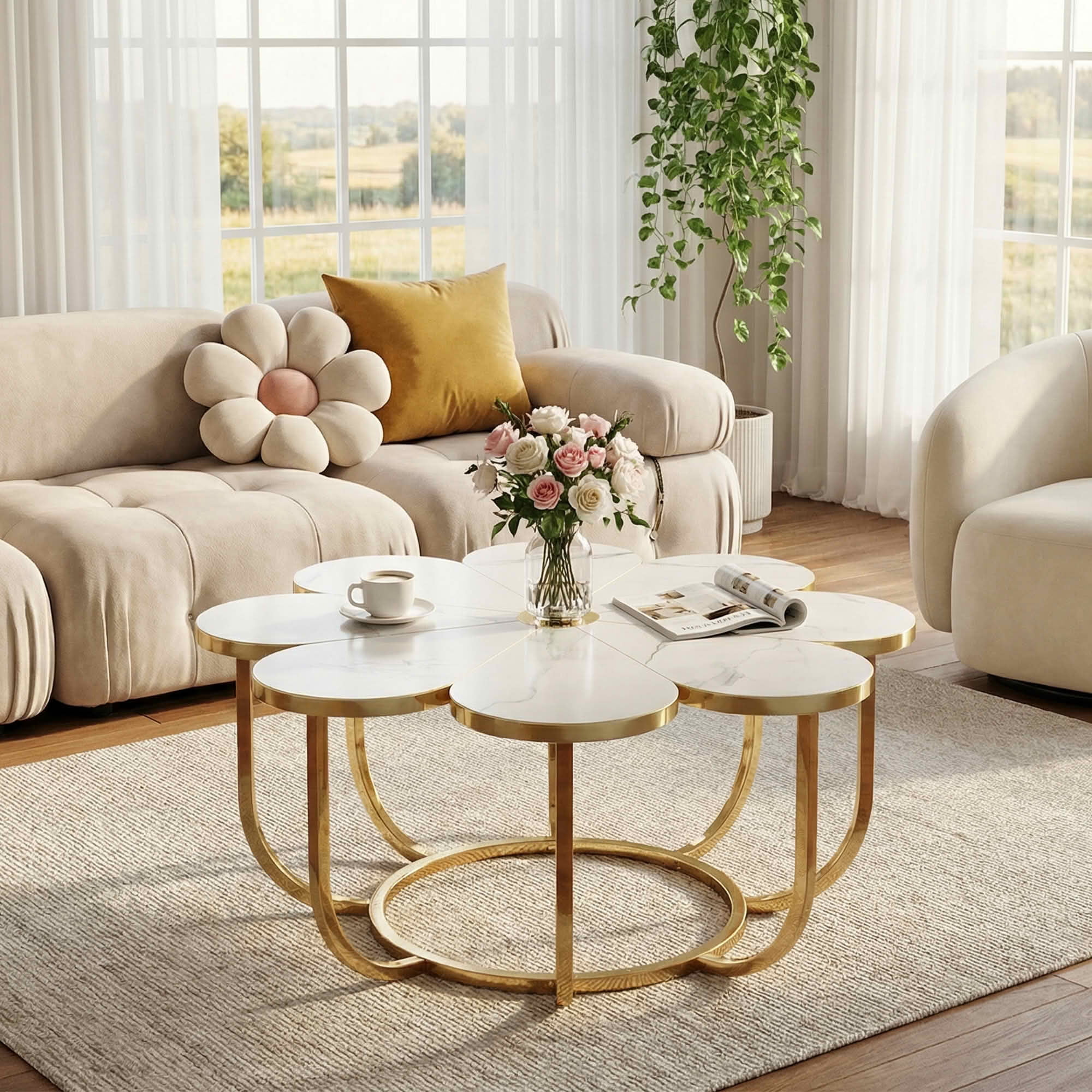 MAYEETY Flower Shaped Coffee Table Faux Marble Top Modern Living Room Table