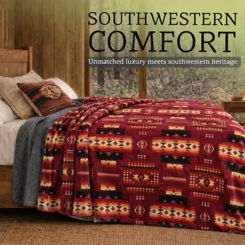 Sacred Thread Fleece Blanket South Western, Reversible Mexican, Vibrant Aztec Blankets and Throws for Aztec Decor for Home (Burgundy Flannel / Flannel) (Full (60''x80'')