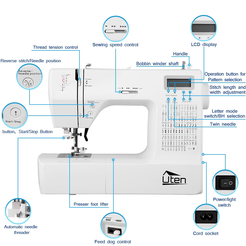 Uten Computerized Sewing Machine with 200 Unique Built-in Stitches, Portable Sewing Machine with LCD Display for Home DIY & Crafting, Includes Free Arm, Foot Pedal, 5 Quick-Change Presser Feet