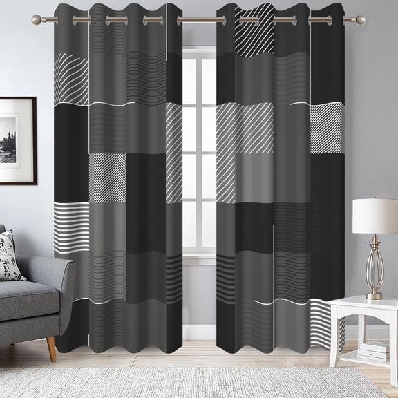 2 Panels Black Grey Geometric Blackout Curtains for Bedroom,Modern Abstract Grommet Window Drapes for Living Room,52x84 Inch