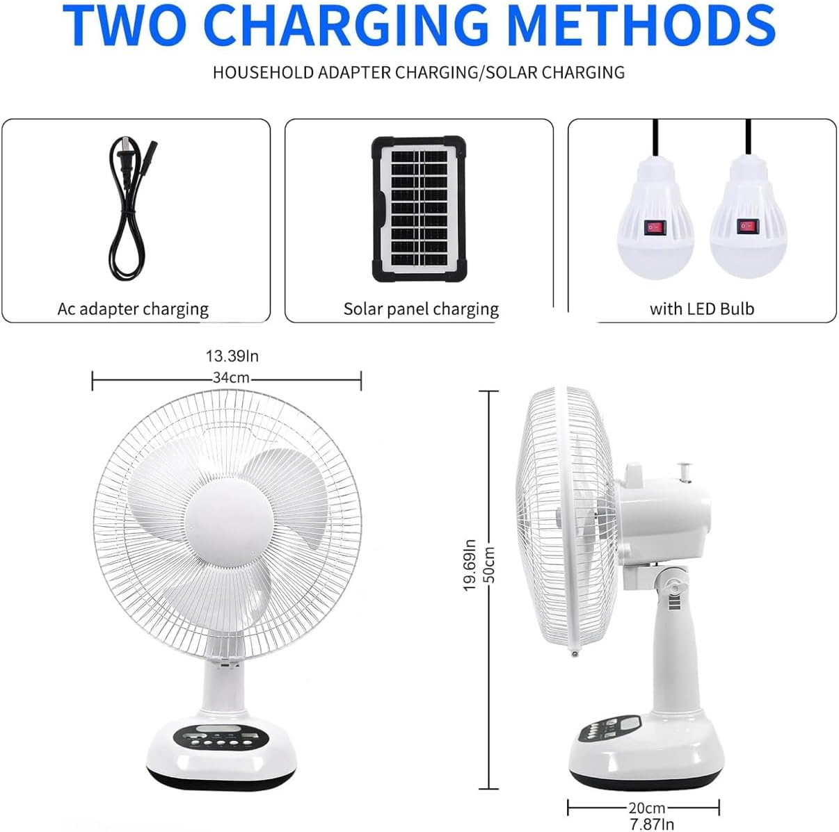 New Rechargeable Fan With solar panel, USB port, night LED light and 2 Free bulbs. Eco-Friendly Cooling