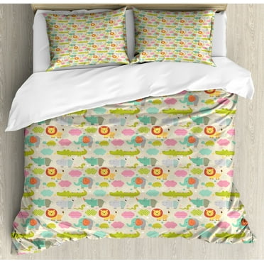 Animals Duvet Cover Set Queen Size, Nursery Themed Zoo Animals Baby Lion Cub Elephant Hippo and Crocodile with Stars, Decorative 3 Piece Bedding Set with 2 Pillow Shams, Multicolor, by Ambesonne