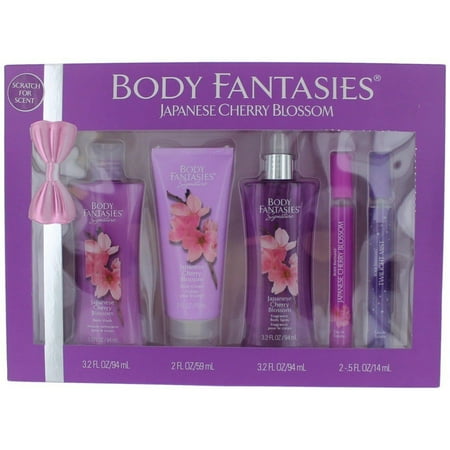 - Japanese Cherry Blossom 5 Piece Kit, This fragrance gift set includes 3.2 oz Body Spray, 2 oz Lotion, 3.2oz Body Wash and a .5 oz Eau de toilette By Body Fantasies