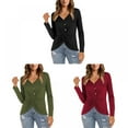 thumbnail image 5 of Women T Shirt Solid Color Casual Base Slim V Neck Top Pullovers Twisting Pleated Top Button Decoration, 5 of 6