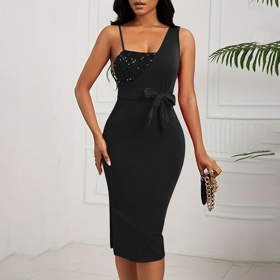 Cocktail Dress for Women Evening One Shoulder High Waist Bodycon Midi Glitter Beaded Flared Dress
