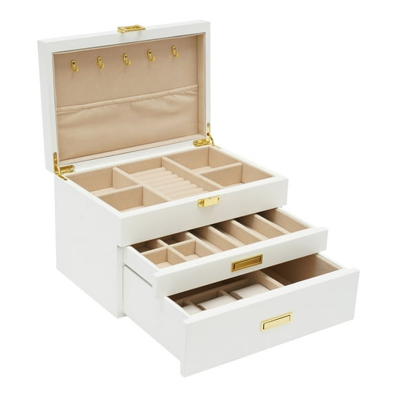 Women 3 Layers Wooden Jewelry Box for Jewelry Organizer Drawer Jewelry Display Box with Soft Velvet Lining for Ring Necklace Earring Bracelet (White)