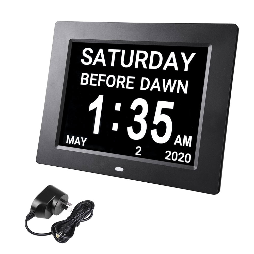 8" Large Digital LCD Day Clock 8 Alarm Options Dimmable Calendar