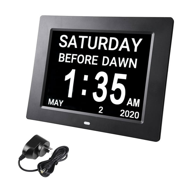 Yescom Horloge de Jour Numérique LCD 8 Pouces Grand Format 8 Alarmes Calendrier à Intensité Réglable pour Personnes Âgées Mur de Démence Noir