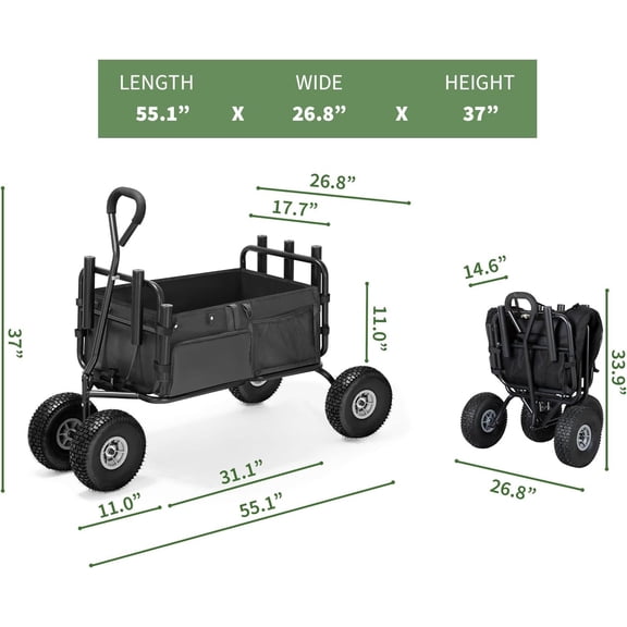 Collapsible Wagon with 11 All-Terrain Wheels, Heavy-Duty Fishing Cart for Beach Garden Picnic
