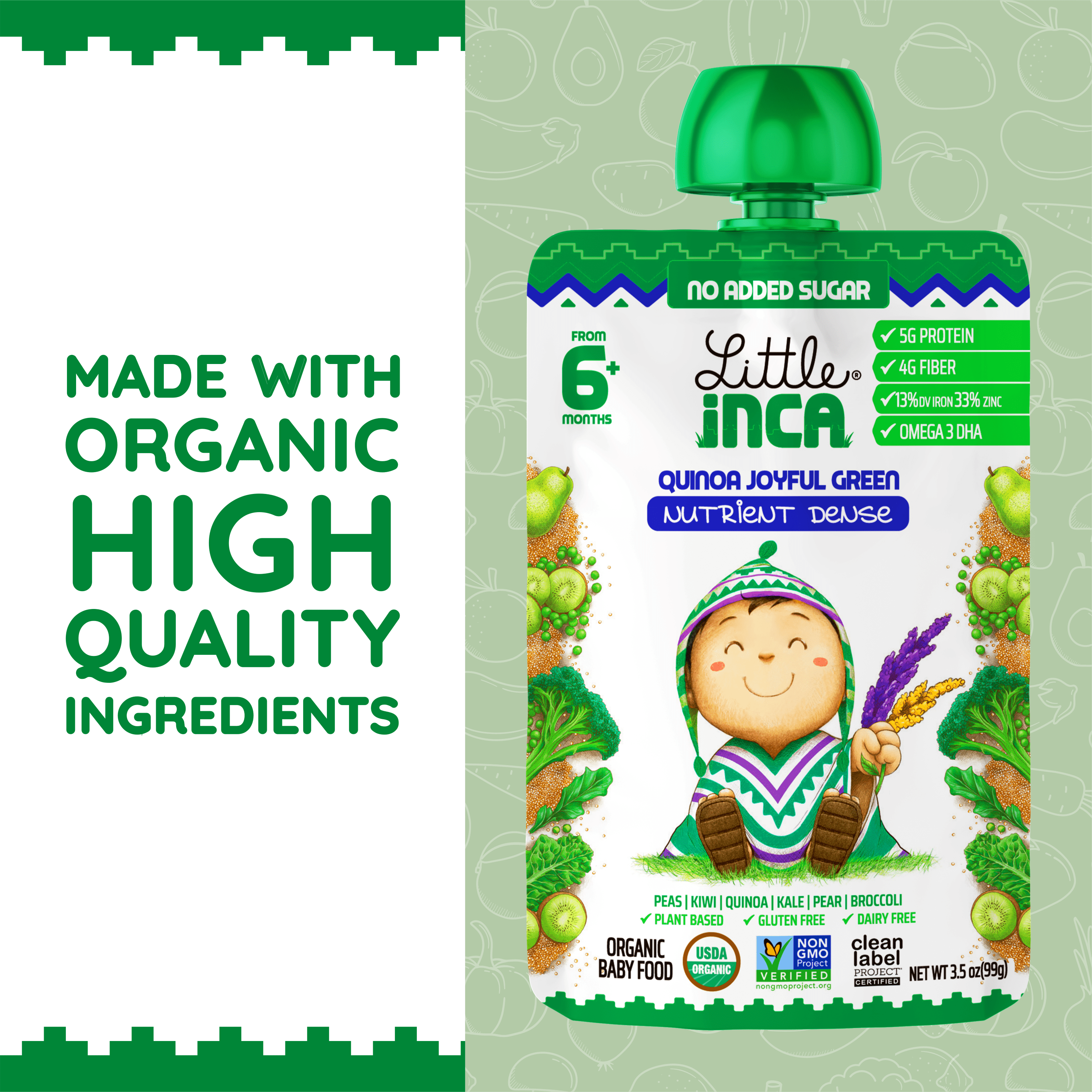 Little Inca Stage 2 Baby Food Pouches, Quinoa Joyful Green Baby Puree, Plant Based High Protein, Dairy-Free, 6 x 3.5oz
