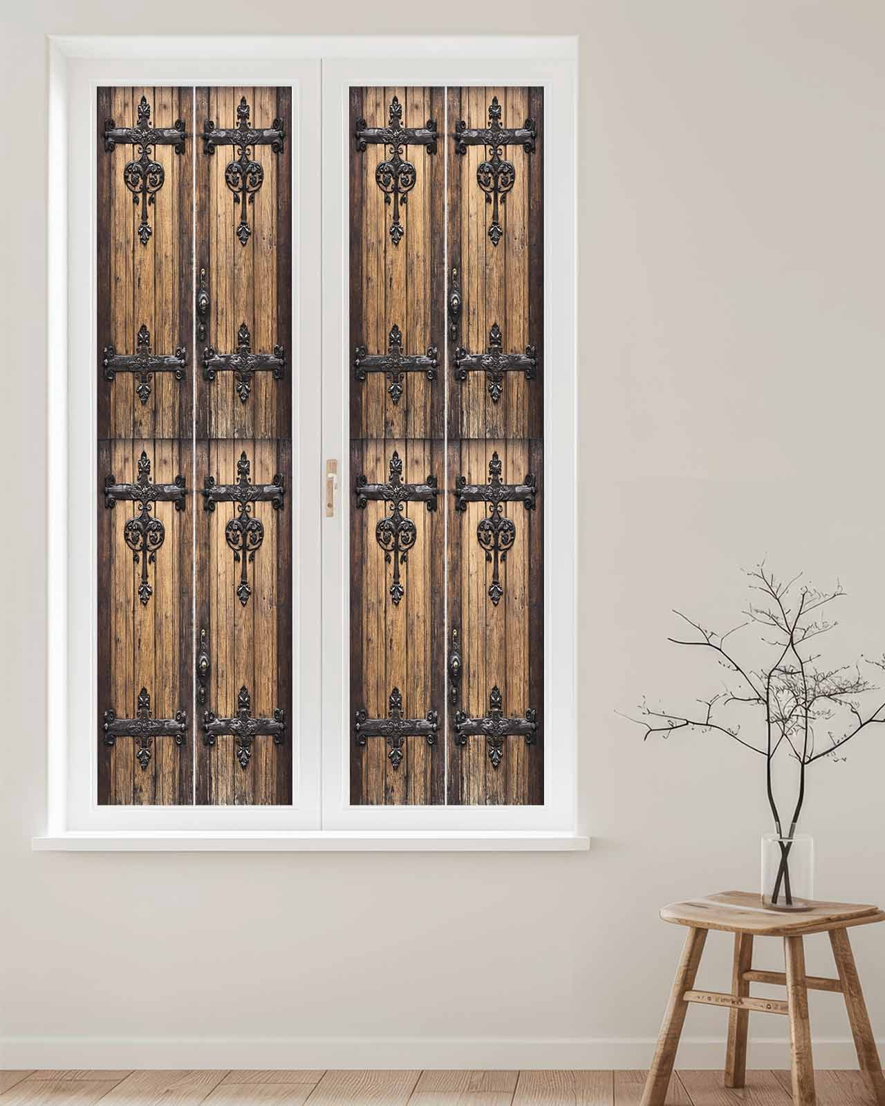 Window Privacy Film Rustic Wooden Door Stained Glass Window Film Decorative Sun Block Window Cover Brown Black Farmhouse Country Vintage Window Clings Static Adhesive Sticker for Bathroom 23.6"x78.7"