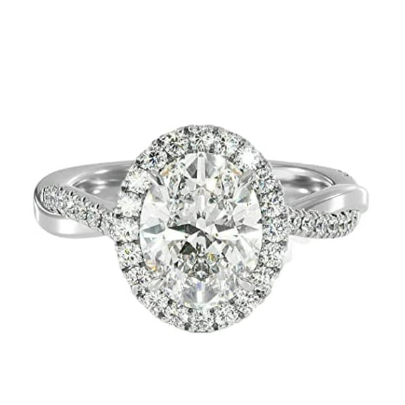 HeartsAndYou 3ct Oval Cut Moissanite Twist Shank Halo Engagement Ring for Women 18k White Gold over Silver